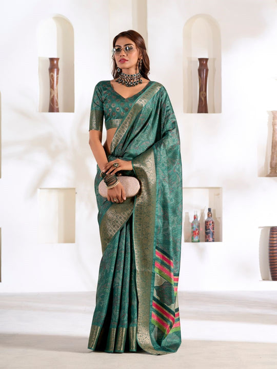 Teal Green Soft Dola Silk With Foil Print & Dusty Colour Matching Saree With Blouse Piece