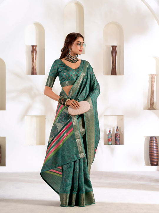 Teal Green Soft Dola Silk With Foil Print & Dusty Colour Matching Saree With Blouse Piece