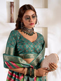 Teal Green Soft Dola Silk With Foil Print & Dusty Colour Matching Saree With Blouse Piece