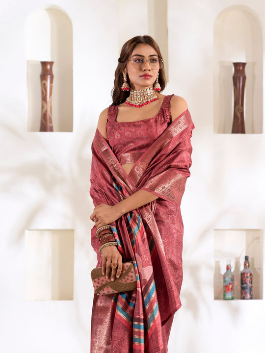 Deep Red Soft Dola Silk With Foil Print & Dusty Colour Matching Saree With Blouse Piece
