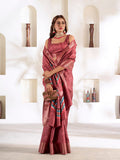 Deep Red Soft Dola Silk With Foil Print & Dusty Colour Matching Saree With Blouse Piece