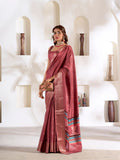 Deep Red Soft Dola Silk With Foil Print & Dusty Colour Matching Saree With Blouse Piece