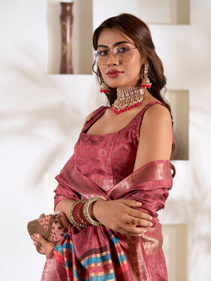 Deep Red Soft Dola Silk With Foil Print & Dusty Colour Matching Saree With Blouse Piece