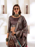 Brown Soft Dola Silk With Foil Print & Dusty Colour Matching Saree With Blouse Piece