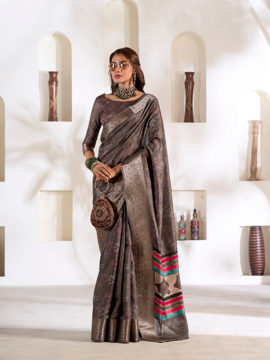 Brown Soft Dola Silk With Foil Print & Dusty Colour Matching Saree With Blouse Piece