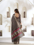 Brown Soft Dola Silk With Foil Print & Dusty Colour Matching Saree With Blouse Piece