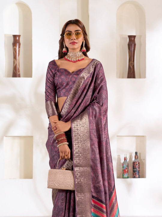Purple Soft Dola Silk With Foil Print & Dusty Colour Matching Saree With Blouse Piece