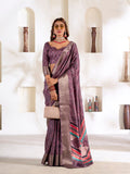 Purple Soft Dola Silk With Foil Print & Dusty Colour Matching Saree With Blouse Piece