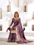 Purple Soft Dola Silk With Foil Print & Dusty Colour Matching Saree With Blouse Piece