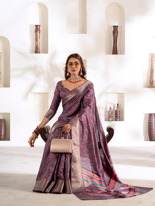 Purple Soft Dola Silk With Foil Print & Dusty Colour Matching Saree With Blouse Piece