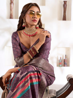 Purple Soft Dola Silk With Foil Print & Dusty Colour Matching Saree With Blouse Piece