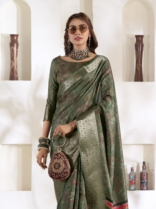 Green Soft Dola Silk With Foil Print & Dusty Colour Matching Saree With Blouse Piece