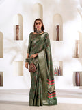 Green Soft Dola Silk With Foil Print & Dusty Colour Matching Saree With Blouse Piece