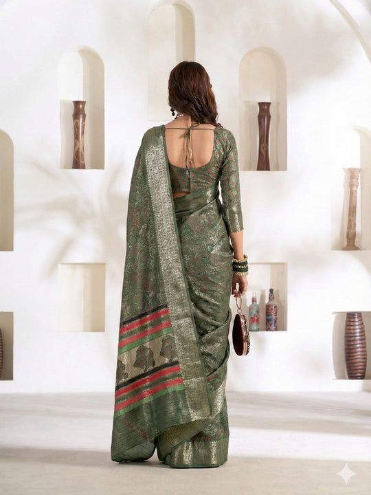 Green Soft Dola Silk With Foil Print & Dusty Colour Matching Saree With Blouse Piece