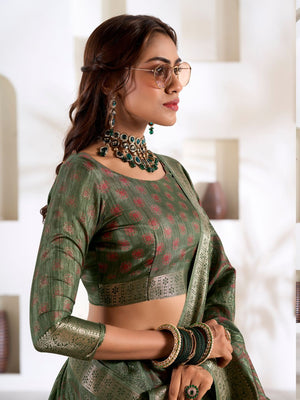 Green Soft Dola Silk With Foil Print & Dusty Colour Matching Saree With Blouse Piece