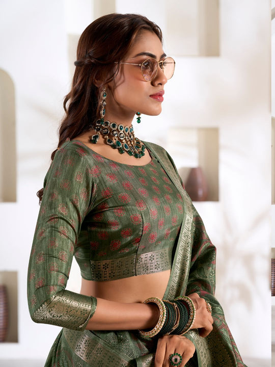 Green Soft Dola Silk With Foil Print & Dusty Colour Matching Saree With Blouse Piece