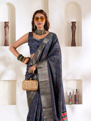 Dark Grey Soft Dola Silk With Foil Print & Dusty Colour Matching Saree With Blouse Piece