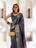 Dark Grey Soft Dola Silk With Foil Print & Dusty Colour Matching Saree With Blouse Piece