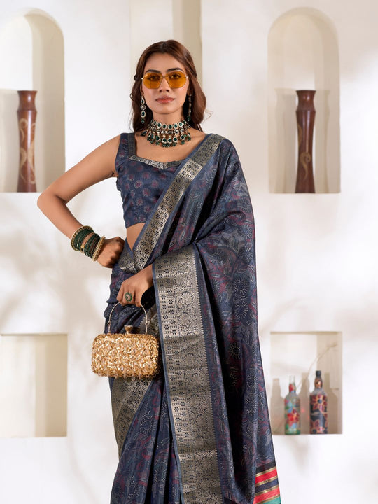 Dark Grey Soft Dola Silk With Foil Print & Dusty Colour Matching Saree With Blouse Piece