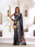 Dark Grey Soft Dola Silk With Foil Print & Dusty Colour Matching Saree With Blouse Piece