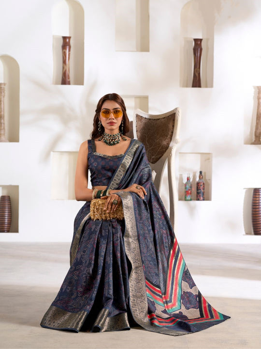 Dark Grey Soft Dola Silk With Foil Print & Dusty Colour Matching Saree With Blouse Piece