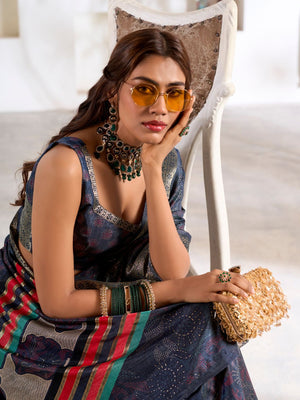 Dark Grey Soft Dola Silk With Foil Print & Dusty Colour Matching Saree With Blouse Piece