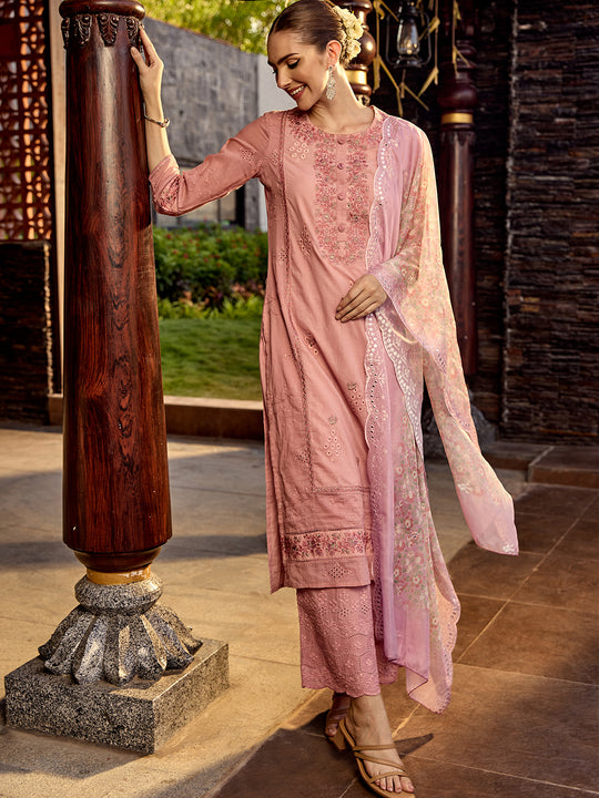 Floral Embroidered Thread Work Pure Cotton Straight Kurta with Palazzos & Dupatta