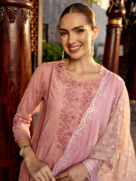 Floral Embroidered Thread Work Pure Cotton Straight Kurta with Palazzos & Dupatta