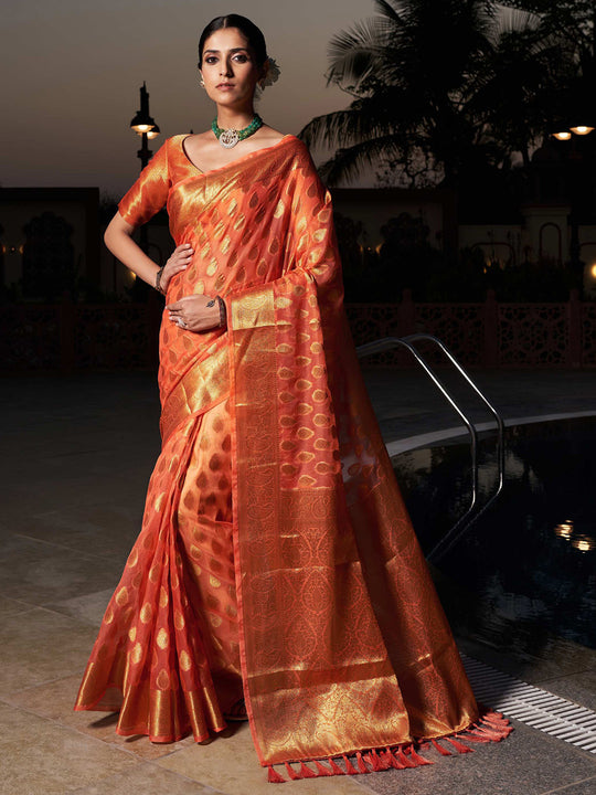 Peach Banarasi Organza Saree With Blouse Piece