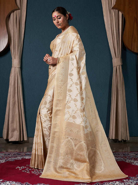 Off White Banarasi Satin Silk Saree With Blouse Piece