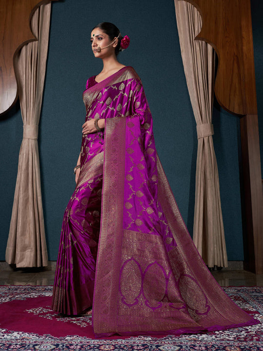 Wine Banarasi Satin Silk Saree With Blouse Piece