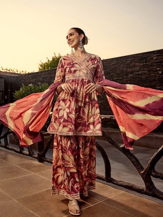 Floral Printed Cotton Angrakha A-line Kurta with Sharara and Mulmul Dupatta
