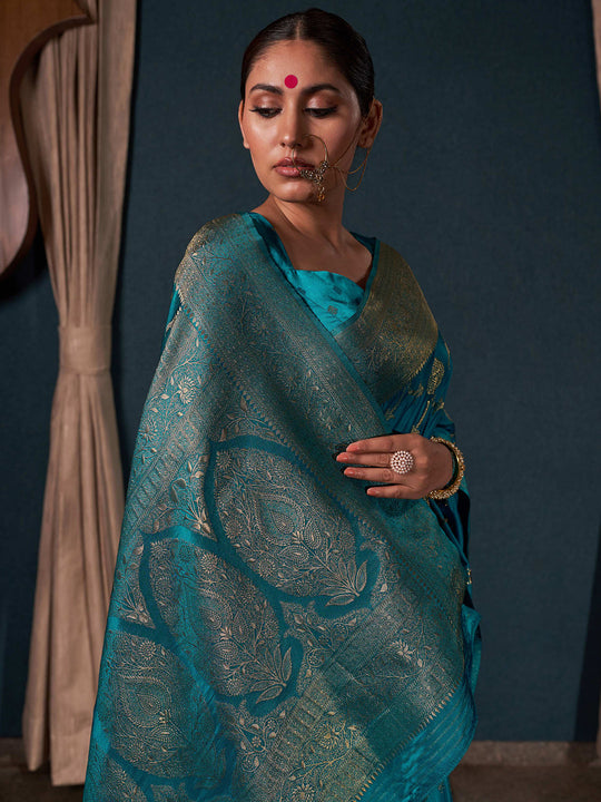 Teal Blue Banarasi Satin Silk Saree With Blouse Piece