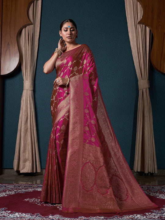 Pink Banarasi Satin Silk Saree With Blouse Piece