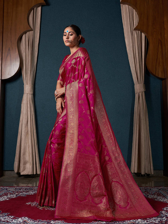 Pink Banarasi Satin Silk Saree With Blouse Piece