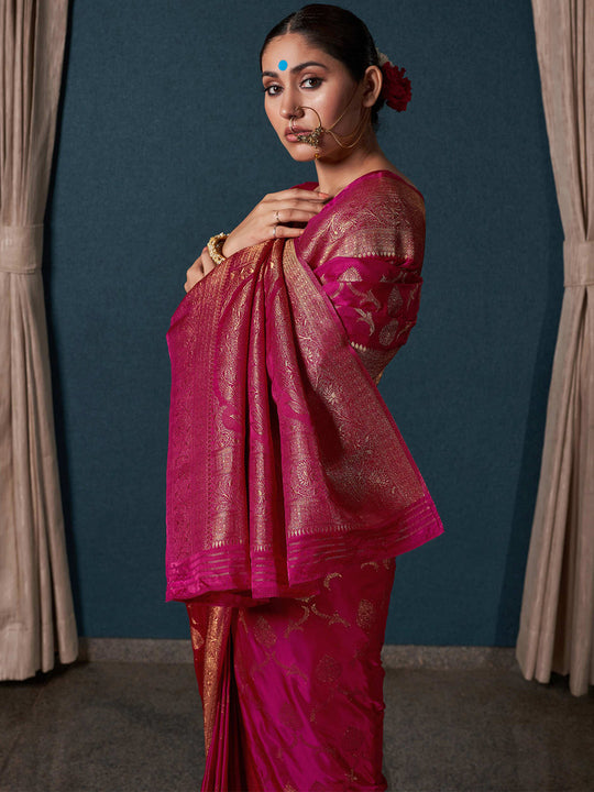 Pink Banarasi Satin Silk Saree With Blouse Piece