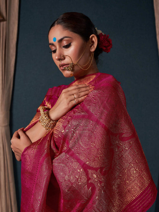 Pink Banarasi Satin Silk Saree With Blouse Piece