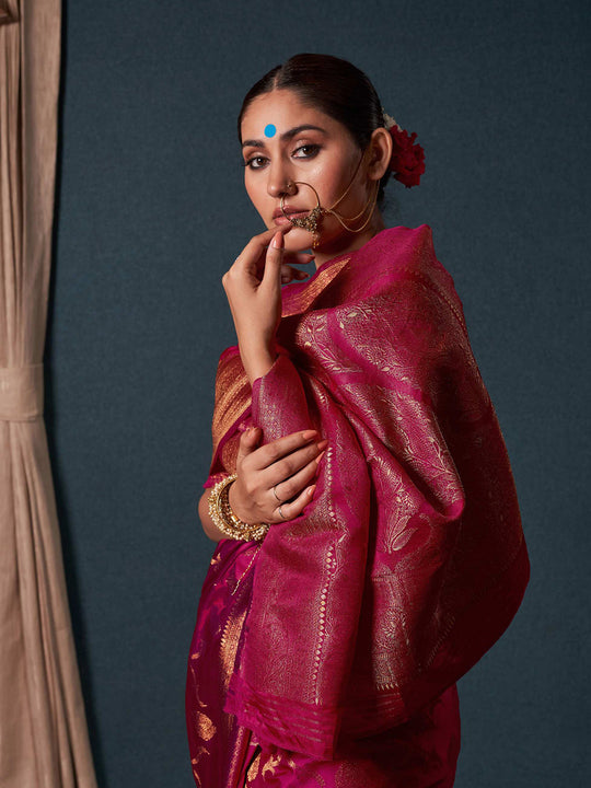 Pink Banarasi Satin Silk Saree With Blouse Piece