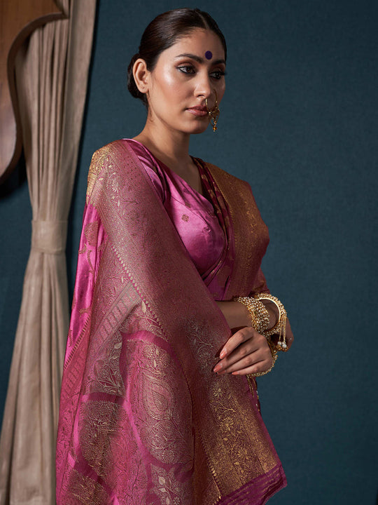 Rani Pink Banarasi Satin Silk Saree With Blouse Piece
