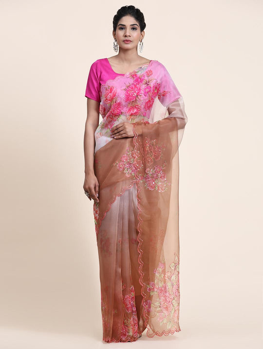 Pink and Brown Digital Printed Organza Saree With Satin PInk Blouse Piece