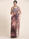 Black & Brown Digital Printed Organza Saree With Satin Blue Blouse Piece