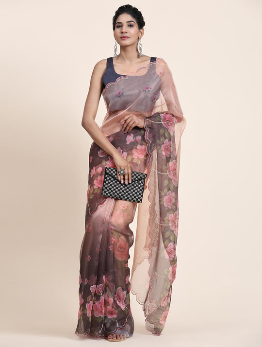 Black & Brown Digital Printed Organza Saree With Satin Blue Blouse Piece