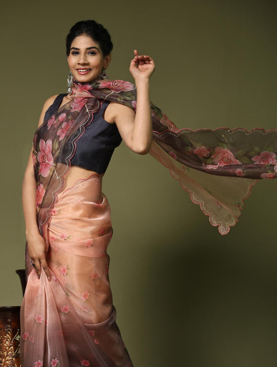Black & Brown Digital Printed Organza Saree With Satin Blue Blouse Piece
