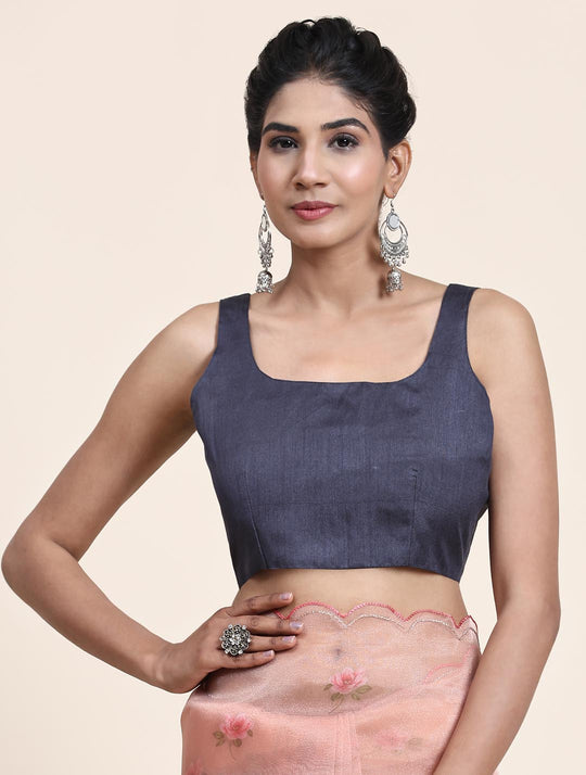 Black & Brown Digital Printed Organza Saree With Satin Blue Blouse Piece