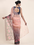 Black & Brown Digital Printed Organza Saree With Satin Blue Blouse Piece