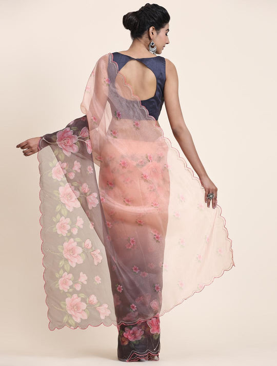 Black & Brown Digital Printed Organza Saree With Satin Blue Blouse Piece