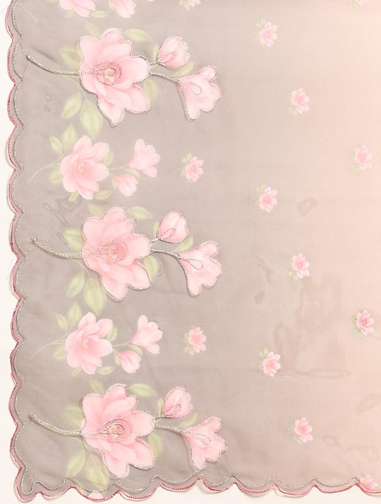 Black & Brown Digital Printed Organza Saree With Satin Blue Blouse Piece