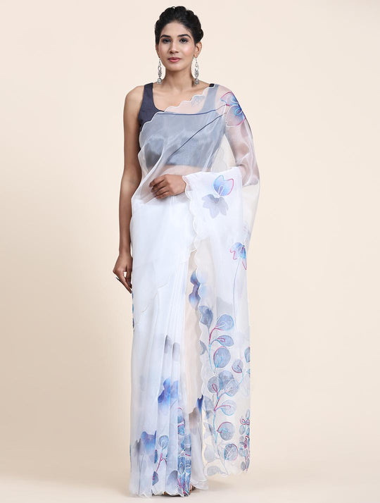 White Digital Printed Organza Saree With Satin Blue Blouse Piece
