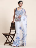 White Digital Printed Organza Saree With Satin Blue Blouse Piece
