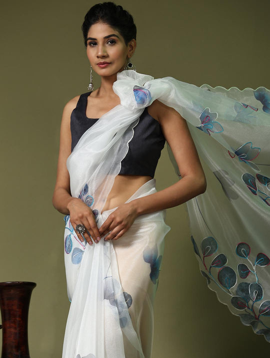 White Digital Printed Organza Saree With Satin Blue Blouse Piece